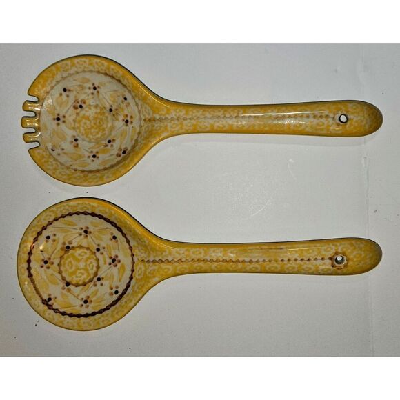 Temptations By Tara Old World Gold Yellow Ceramic Spoon Fork Serving Set LARGE - Picture 1 of 3